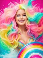 ai generativ, schön Frauen gestylt mögen Puppen mit Regenbogen Farben foto