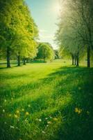 Frühling Natur. schön Landschaft. Grün Gras und Bäume. ai generiert foto