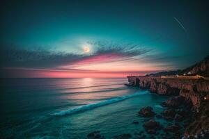 romantisch und szenisch Panorama mit voll Mond auf Meer zu Nacht. ai generiert foto