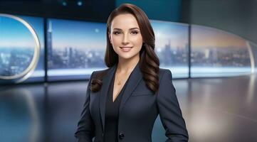 ein Foto von ein Fernseher Nachrichten weiblich Moderator auf ein Beliebt Kanal. Leben Strom Übertragung auf Fernsehen. ai generativ