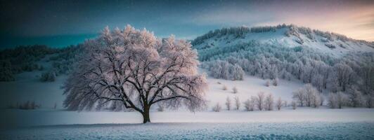 schön Baum im Winter Landschaft im spät Abend im Schneefall. ai generiert foto