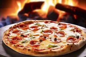 Pizza Capricciosa hausgemacht mit Feuer im das Ofen, online Lieferung von Pizzeria, nehmen Weg und Italienisch schnell Essen, generativ ai foto