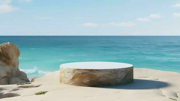 Stein Podium auf Strand Hintergrund foto