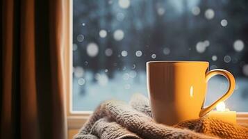 Winter Feiertage, Abend Ruhe und gemütlich heim, Tasse von Tee oder Kaffee Becher und gestrickt Decke in der Nähe von Fenster im das Englisch Landschaft Hütte, Urlaub Atmosphäre foto