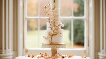 Hochzeit Kuchen Design, herbstlich Dessert Styling und Urlaub Dekoration, mehrstufig Kuchen zum ein Herbst Veranstaltung Veranstaltungsort, Essen Gastronomie Bedienung und elegant Land Dekor, Hütte Stil foto