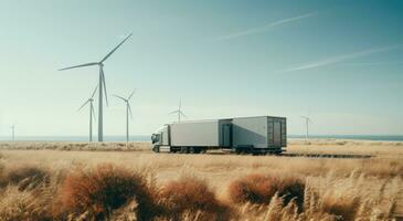 ein groß Wind Turbine Sein getragen durch ein LKW im das Feld foto