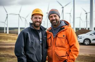 Konstruktion Arbeitskräfte Stehen im Vorderseite von Wind Turbinen foto