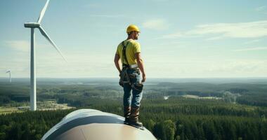 ein Ingenieur Stehen auf oben von ein Wind Turbine foto