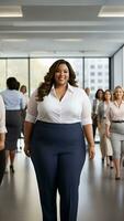 Porträt von glücklich jung afrikanisch amerikanisch Plus Größe Geschäftsfrau Stehen im Büro mit Kollegen im Hintergrund foto