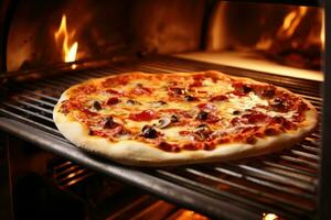 Pizza ist Kochen im traditionell Holz Verbrennung Ofen. generativ ai foto