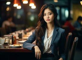 asiatisch Geschäft Frau beim Tabelle im Cafe foto