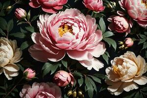 Jahrgang Strauß von schön Blumen auf schwarz. Blumen- Hintergrund. Barock alt Mode Stil. natürlich Muster Hintergrund oder Gruß Karte. ai generiert foto