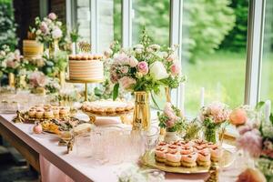 Hochzeit Buffet Tisch, Veranstaltung Dessert Essen Gastronomie zum Hochzeit, Party und Urlaub Feier, Kuchen, Süßigkeiten und Nachspeisen im ein Land Garten, generativ ai foto