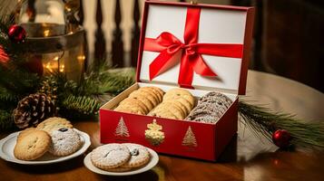 Weihnachten Kekse, Urlaub Keks Geschenk Box und Zuhause backt, Winter Ferien Geschenk zum Englisch Land Tee im das Hütte, hausgemacht Shortbread und Backen Rezept foto