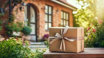 elegant Geschenk Geschäft Lieferung, Post- Bedienung und Luxus online Einkaufen, Paket Box mit ein Bogen auf ein Haus Haustür im das Landschaft, generativ ai foto