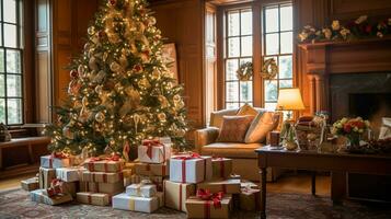 Weihnachten Geschenke, glücklich Ferien und Urlaub Feier, eingewickelt Geschenk Kisten, die Geschenke und dekoriert Weihnachten Baum, generativ ai foto