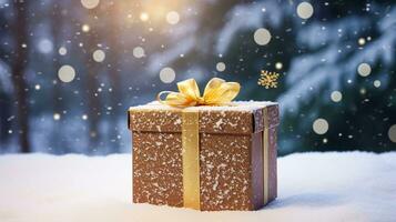 Weihnachten Urlaub Geschenk und gegenwärtig, Geschenk Box im das Schnee im Schneefall Winter Landschaft Natur zum Boxen Tag, Ferien Einkaufen Verkauf foto