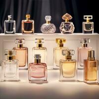 Luxus Duft Flaschen beim Parfüm Duft beim Präsentation Fall, maßgeschneidert Parfümerie und Schönheit Produkt Verkauf, generativ ai foto