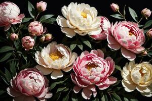 Jahrgang Strauß von schön Blumen auf schwarz. Blumen- Hintergrund. Barock alt Mode Stil. natürlich Muster Hintergrund oder Gruß Karte. ai generiert foto