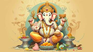 Herr Ganesha im Karikatur Stil. geschmückt mit Ornamente auf ein Pastell- Hintergrund, ausstrahlen göttlich Charme foto