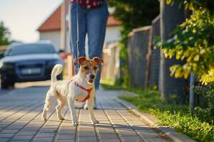 Hund Spaziergänge beim Sommer- Stadt Straße foto
