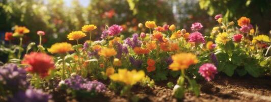 Gartenarbeit Konzept. Garten Blumen und Pflanzen auf ein sonnig Hintergrund. ai generiert foto