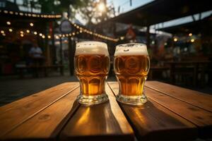 zwei Tassen von Bier auf hölzern Tabelle mit Straße Cafe Hintergrund. generativ ai foto