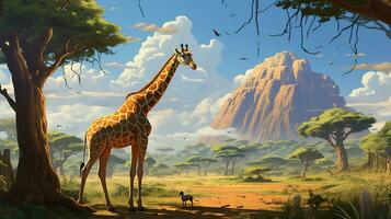 einsam Giraffe, Digital Kunst Illustration, generativ ai foto