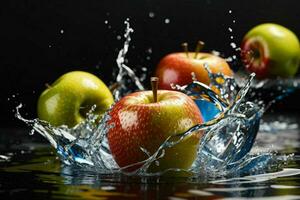 Wasser Spritzen auf Apfel Frucht. Profi Foto