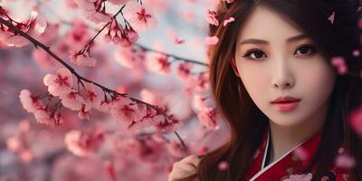 fotorealistisch Bild von ein schön japanisch Mädchen unter Kirsche blüht. Kosmetika Werbung. ai generiert foto