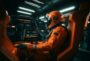 Astronaut Orange Raum Anzug. generieren ai foto