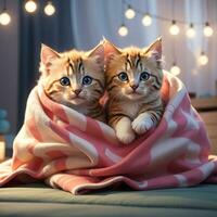 ein Gruppe von bezaubernd Kätzchen gekuschelt oben zusammen im ein gemütlich Decke Fort Kunst durch ai generativ foto