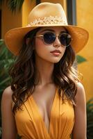 Frau im modern Kleider mit Sonnenbrille durch ai generativ foto