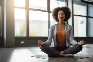 ziemlich gesund Frau lockig Haar Meditieren Yoga Gesundheit ai generativ foto