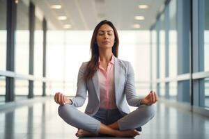 Frau tun Lotus Pose und Meditieren Innerhalb ein Büro beruhigend Büro Hintergrund ai generativ foto