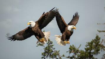 majestätisch kahl Adler hochfliegend zusammen, ein atemberaubend Antenne Schnappschuss von Amerikas ikonisch Raubvögel im anmutig Flug. ai generiert foto