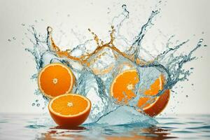 Wasser Spritzen auf Orange Frucht. Profi Foto