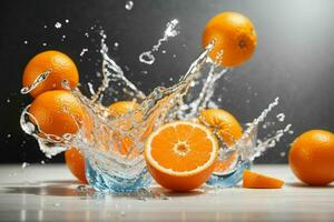 Wasser Spritzen auf Orange Frucht. Profi Foto