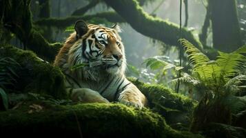 ruhen Tiger im eingehüllt uralt Wald, ai generativ foto
