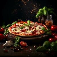 ein Scheibe von Italienisch Pizza mit Mozzarella Käse knusprig auf das Tabelle foto