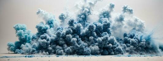 abstrakt Blau Staub Explosion auf Weiß Hintergrund. einfrieren Bewegung von Blau Pulver Spritzen. gemalt holi im Festival.. ai generiert foto