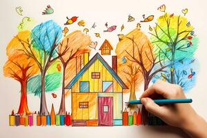 Hände Zeichnung Familie und Haus mit farbig Bleistifte. kreativ Aktivität zum Kinder. Kind Zeichnung. foto