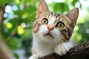 süß Tabby Katze mit Grün Augen Sitzung auf Baum im Garten, süß Katze mit Grün Augen Lügen auf das Bett und suchen hoch, ai generiert foto