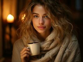 ein jung Frau Sitzung und Trinken Kaffee foto