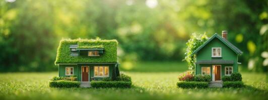 Kopieren Raum von Zuhause und Leben Konzept. klein Modell- Zuhause auf Grün Gras mit Sonnenlicht abstrakt Hintergrund.. ai generiert foto