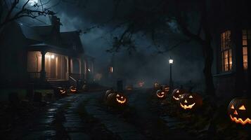 böse gespenstisch Halloween Nacht, glücklich Halloween Feier Kürbis und dunkel Schloss mit Friedhof foto