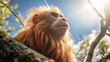 Foto von Uakari Affe im ther Wald mit Blau Himmel. generativ ai