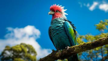 Foto von Quetzal im ther Wald mit Blau Himmel. generativ ai