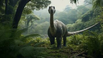 Foto von Brontosaurus rex im das Dschungel. generativ ai