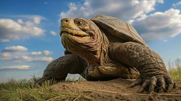 Foto von ein schnappen Schildkröte unter Blau Himmel. generativ ai